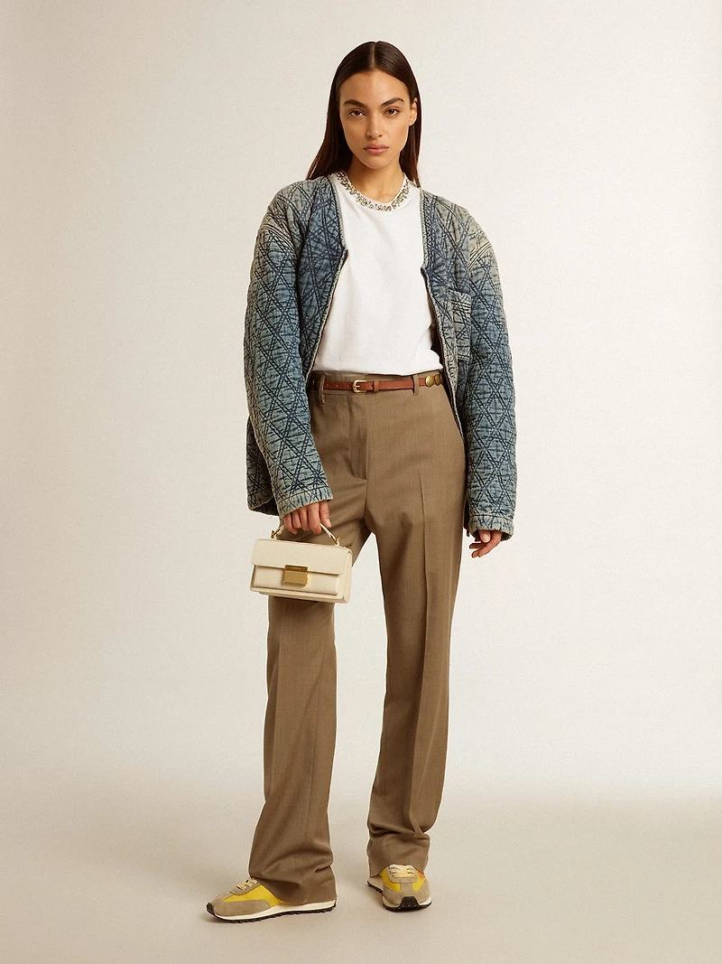 Women's blue quilted jacket cotton denim with distressed finish