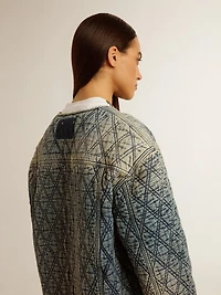 Women's blue quilted jacket cotton denim with distressed finish