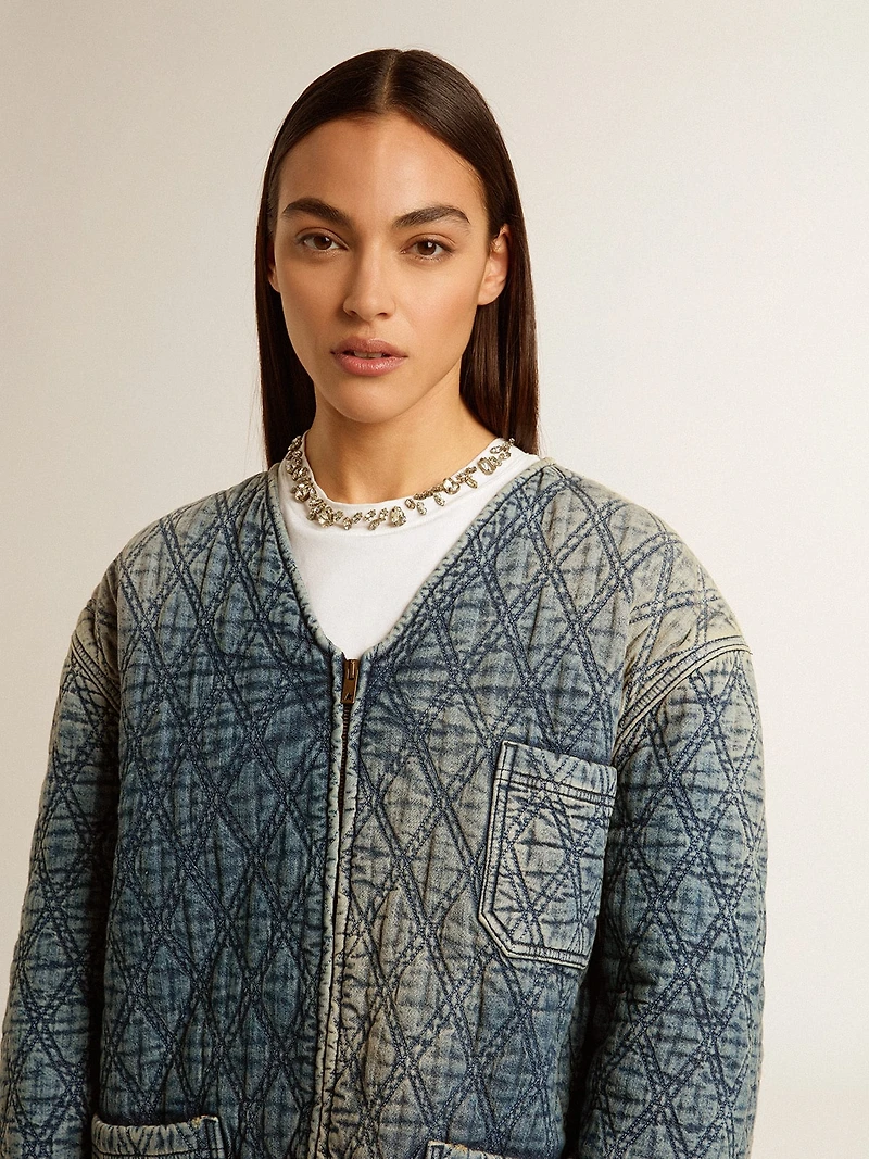Women's blue quilted jacket cotton denim with distressed finish