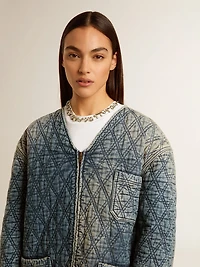 Women's blue quilted jacket cotton denim with distressed finish