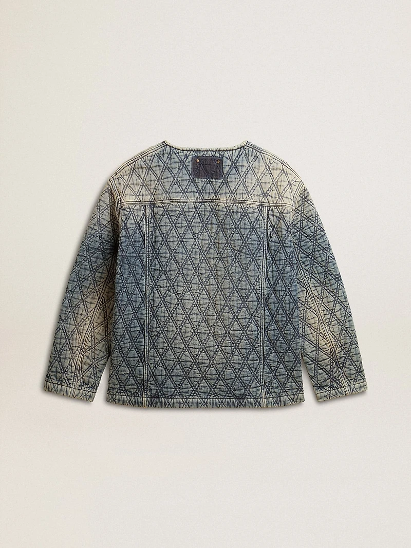 Women's blue quilted jacket cotton denim with distressed finish