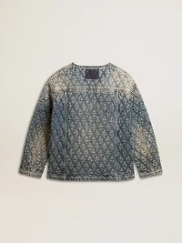 Women's blue quilted jacket cotton denim with distressed finish