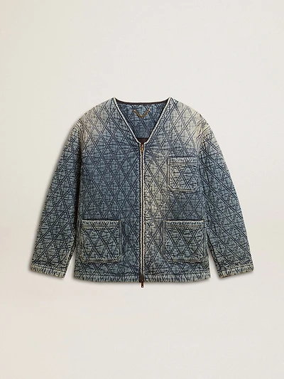Women's blue quilted jacket cotton denim with distressed finish