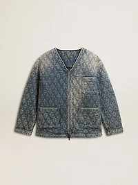 Women's blue quilted jacket cotton denim with distressed finish