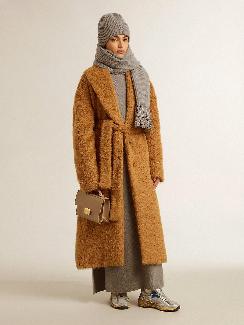 Women's coat with shawl collar in tobacco