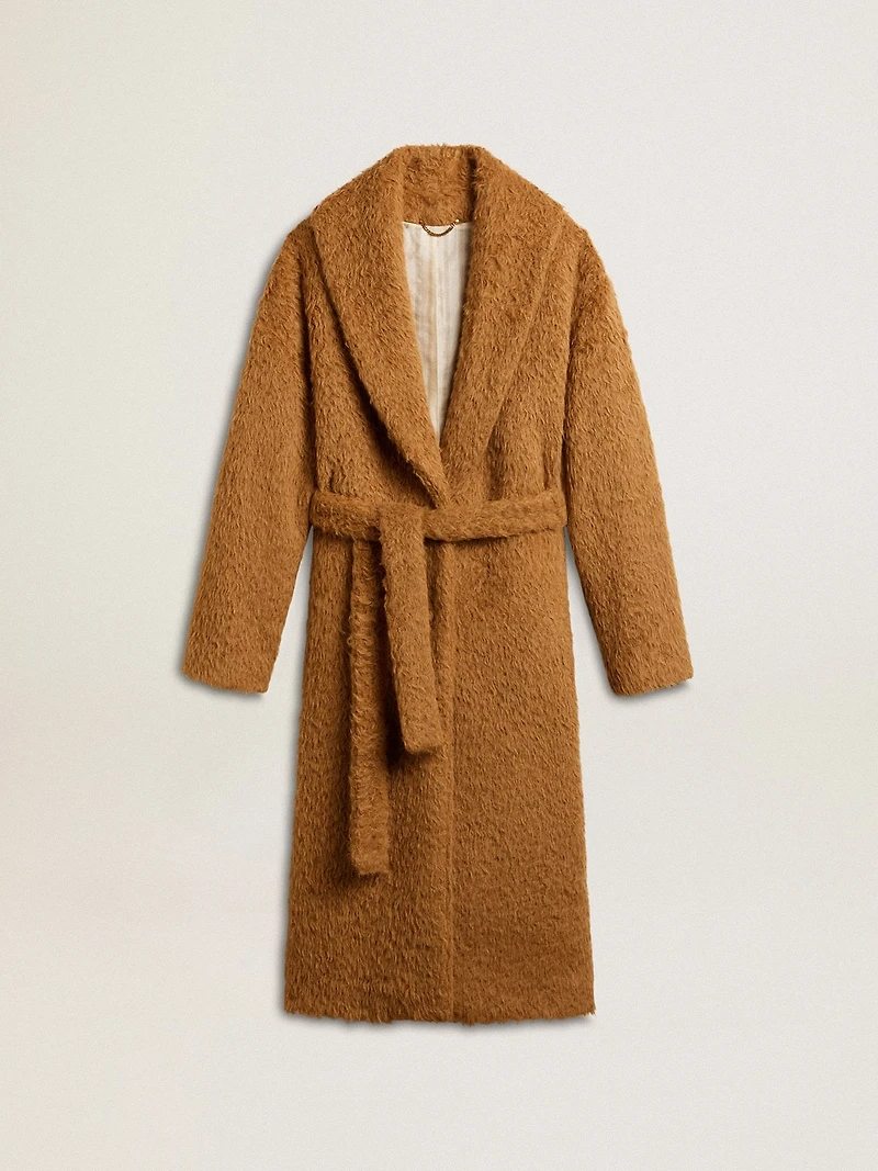 Women's coat with shawl collar in tobacco