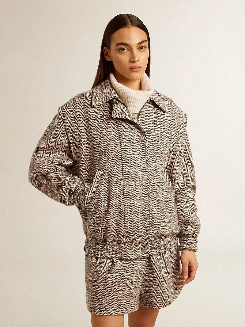 Women's bomber jacket in ecru brown herringbone wool