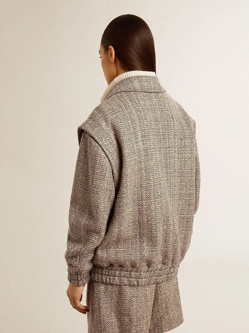 Women's bomber jacket in ecru brown herringbone wool