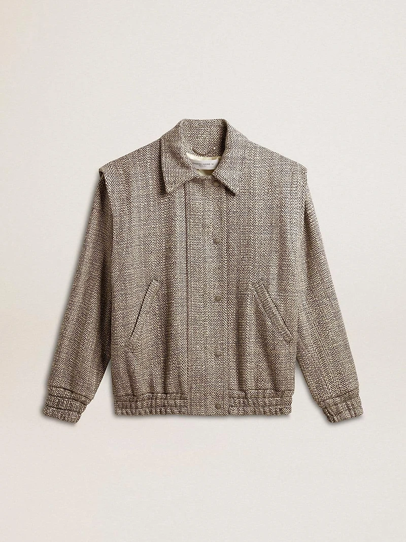Women's bomber jacket in ecru brown herringbone wool