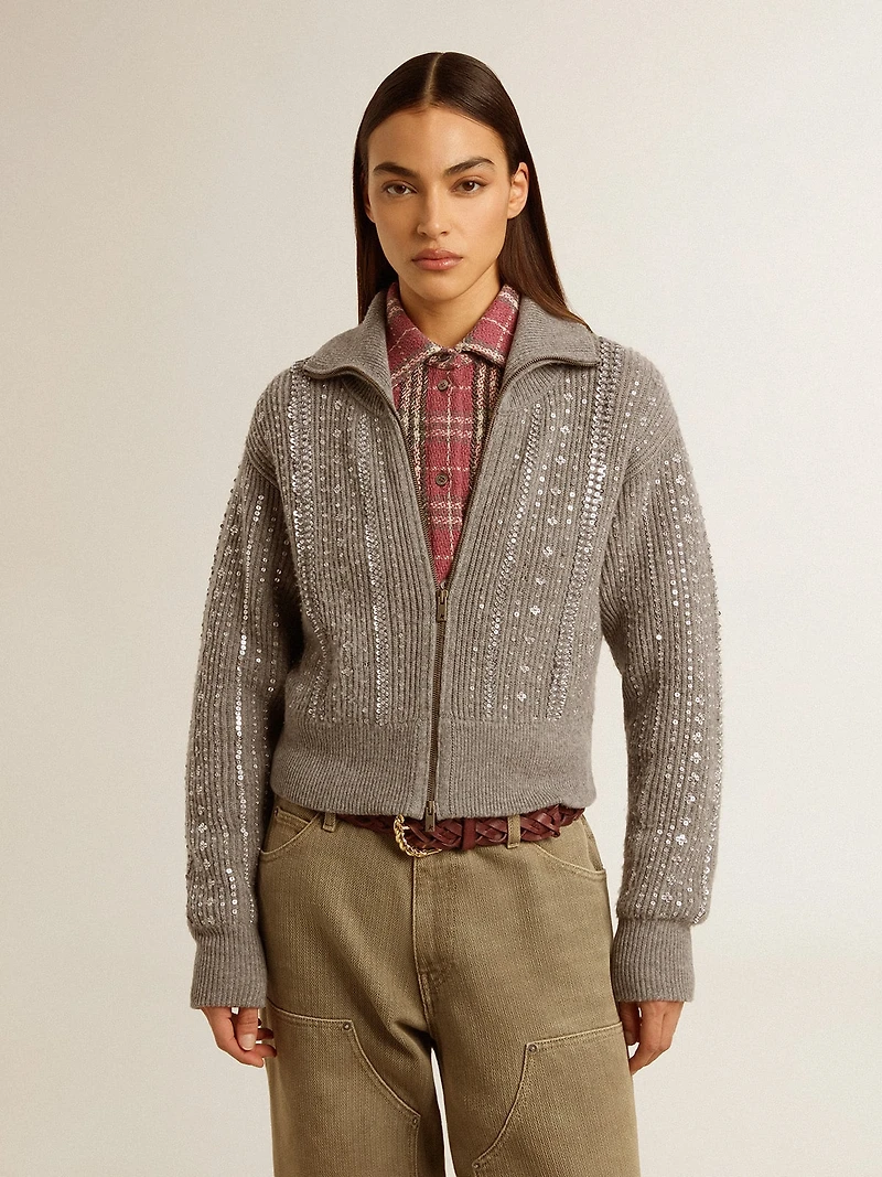 Women's cropped sweater gray melange wool with sequins