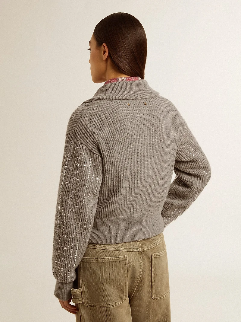 Women's cropped sweater gray melange wool with sequins