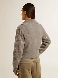 Women's cropped sweater gray melange wool with sequins