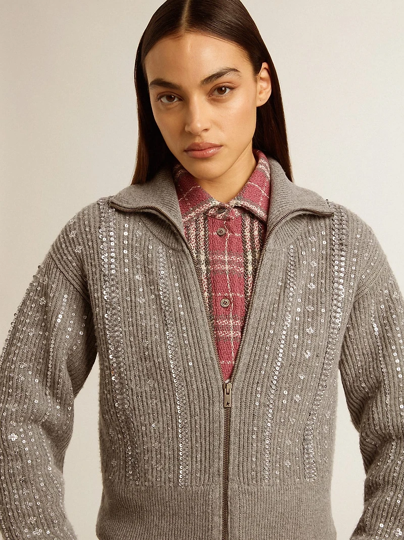 Women's cropped sweater gray melange wool with sequins