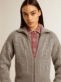 Women's cropped sweater gray melange wool with sequins