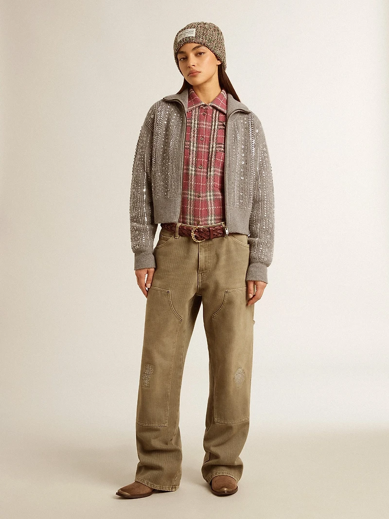 Women's cropped sweater gray melange wool with sequins