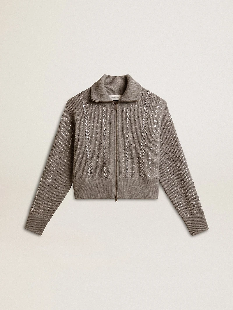 Women's cropped sweater gray melange wool with sequins