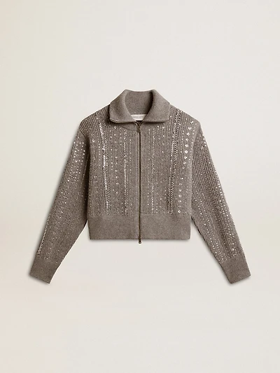 Women's cropped sweater gray melange wool with sequins