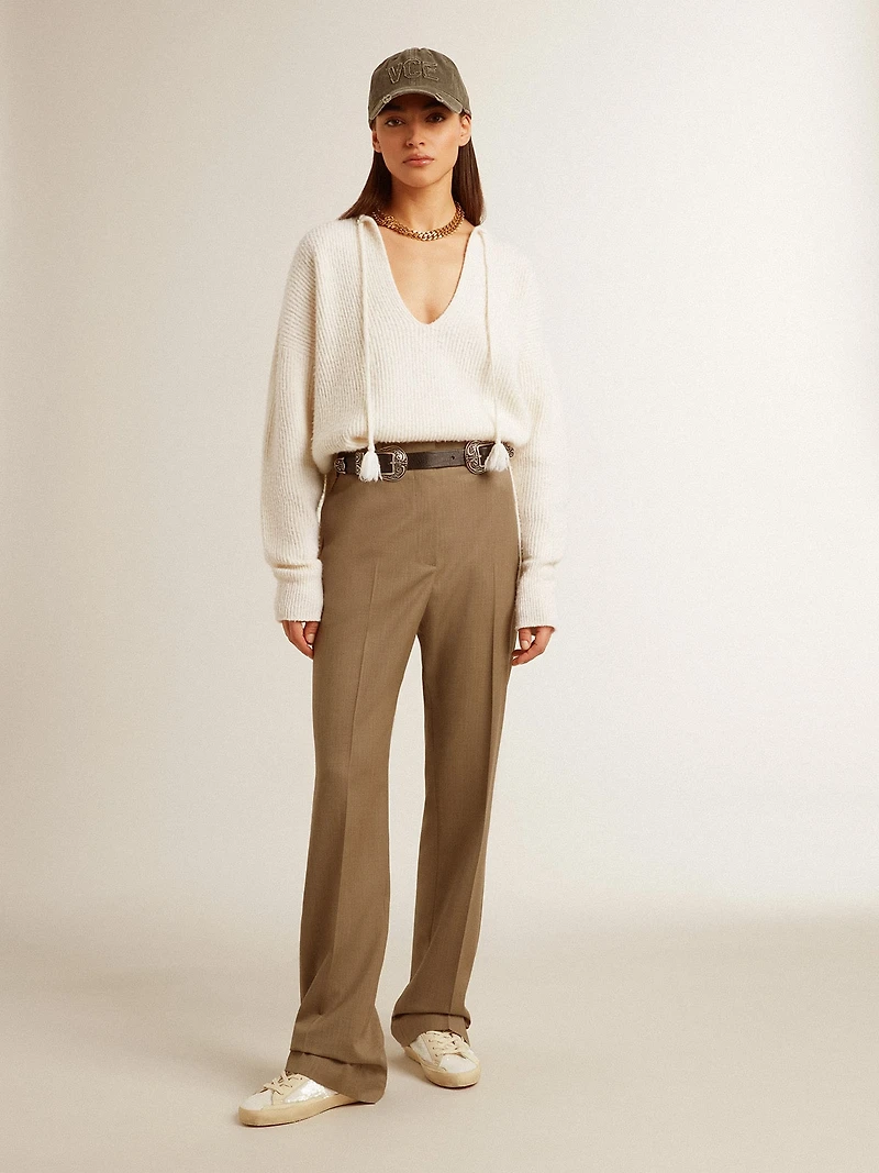 Ribbed wool sweater with V neck and drawstring tassels