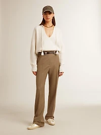 Ribbed wool sweater with V neck and drawstring tassels