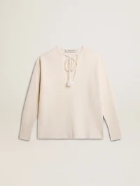 Ribbed wool sweater with V neck and drawstring tassels