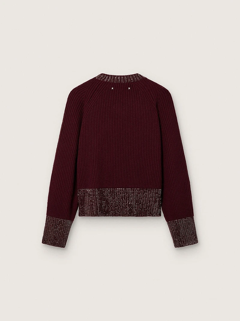 Women's crew-neck sweater burgundy wool with rhinestone embroidery