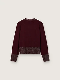 Women's crew-neck sweater burgundy wool with rhinestone embroidery