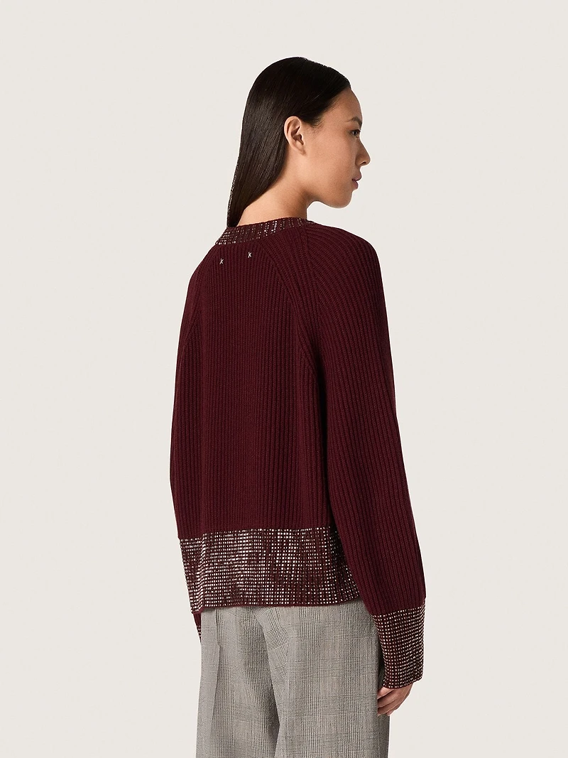 Women's crew-neck sweater burgundy wool with rhinestone embroidery