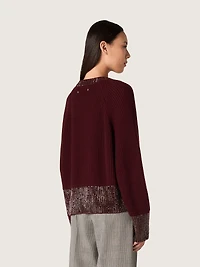 Women's crew-neck sweater burgundy wool with rhinestone embroidery