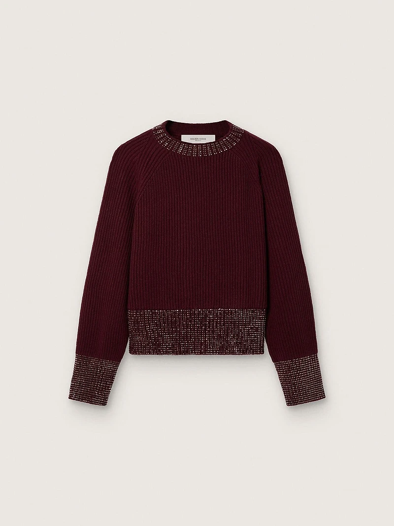 Women's crew-neck sweater burgundy wool with rhinestone embroidery