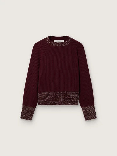 Women's crew-neck sweater burgundy wool with rhinestone embroidery