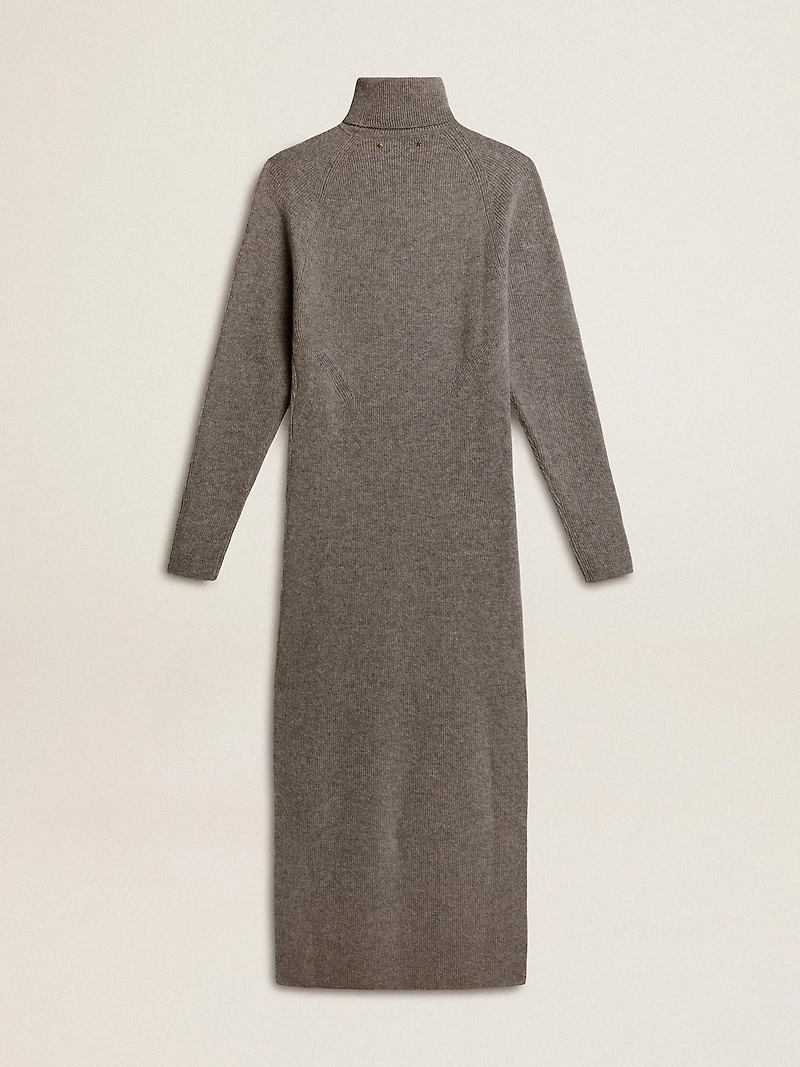 Gray melange ribbed woolen dress with high neck