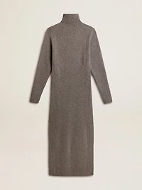 Gray melange ribbed woolen dress with high neck