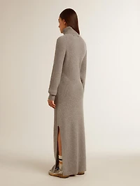 Gray melange ribbed woolen dress with high neck