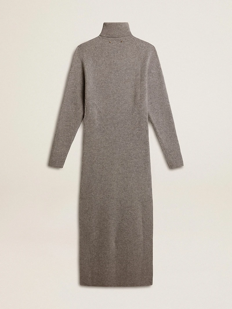 Gray melange ribbed woolen dress with high neck