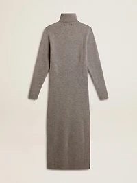 Gray melange ribbed woolen dress with high neck