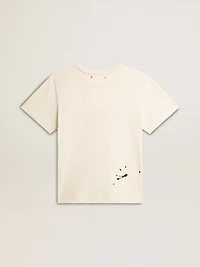 Women's aged white cotton T-shirt with print and embroidery