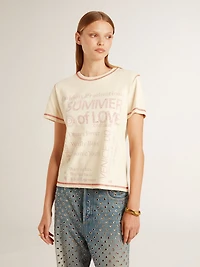 Women's cream T-shirt with faded red accents