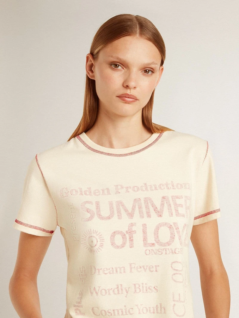 Women's cream T-shirt with faded red accents