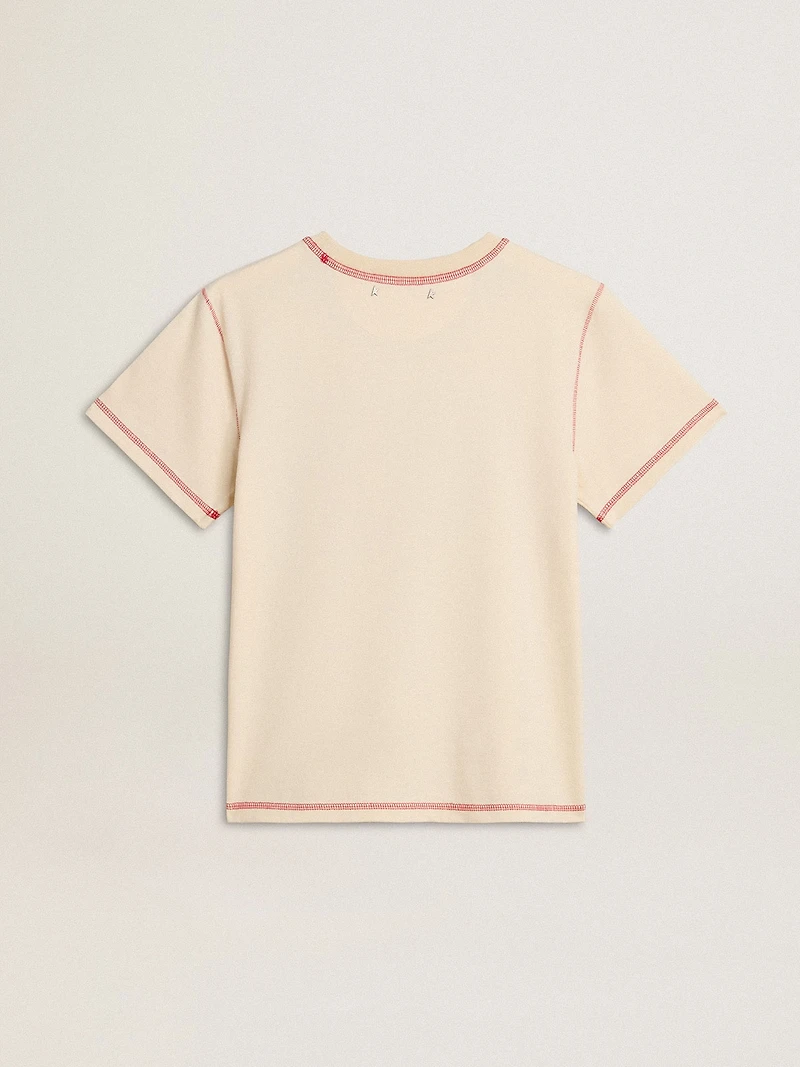 Women's cream T-shirt with faded red accents