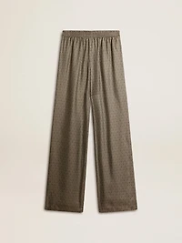 Women's green viscose-blend silk pants with floral pattern