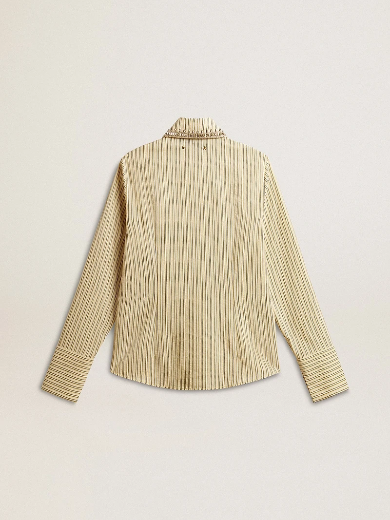 Ecru shirt with stripes and embroidered crystals