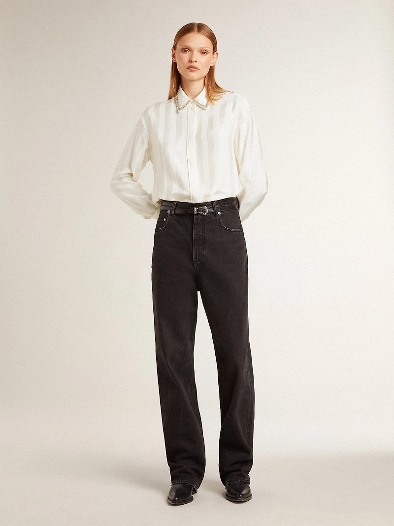 Women's shirt with a vertical striped pattern and crystal embroidery