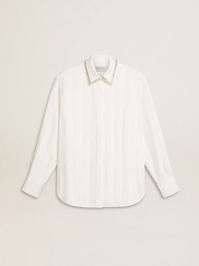 Women's shirt with a vertical striped pattern and crystal embroidery