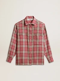 Women's shirt with pink, sand and gray check embroidery