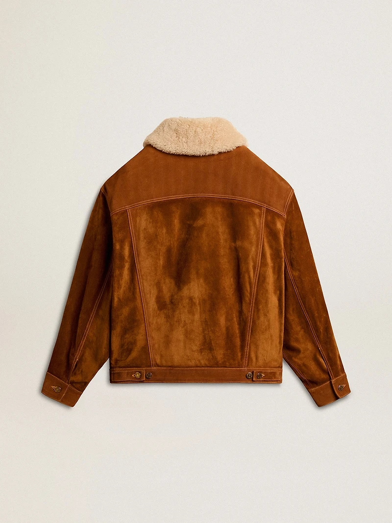 Women's jacket tobacco-colored split leather with a shearling collar