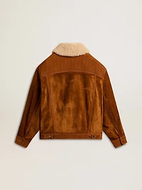 Women's jacket tobacco-colored split leather with a shearling collar