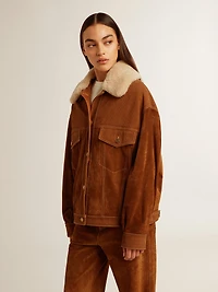 Women's jacket tobacco-colored split leather with a shearling collar