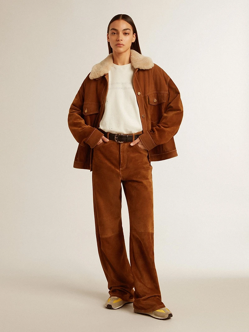 Women's jacket tobacco-colored split leather with a shearling collar