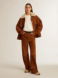 Women's jacket tobacco-colored split leather with a shearling collar