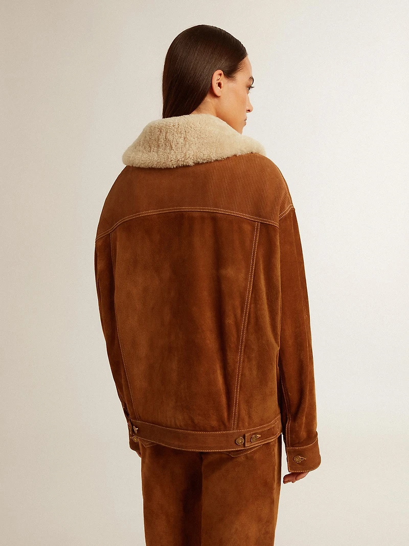 Women's jacket tobacco-colored split leather with a shearling collar